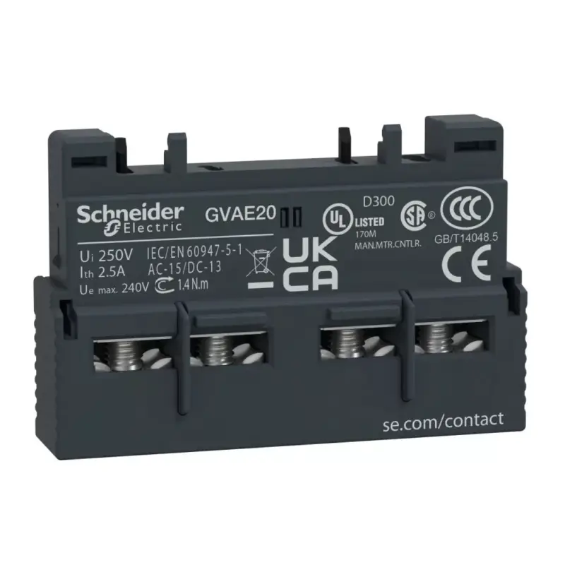 Schneider GVAE20 segédérintkező blokk, homloklapi, 2 Záró, csavaros csatlakozás, GV motorvédőkhöz (Schneider GVAE20) Prémium