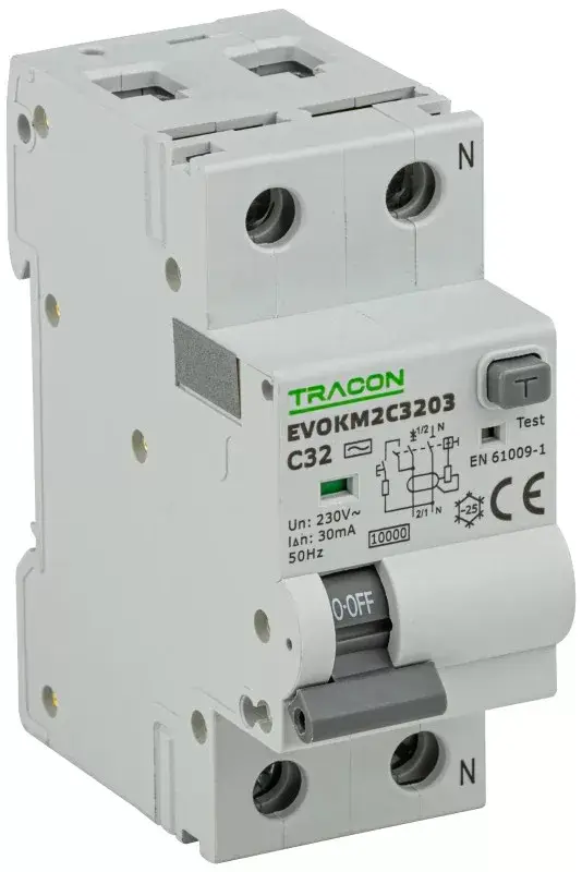 Akció Tracon EVOKM2C1003 Áramvédős kismegszakító (Kombi Fi-relé) 1P+N, C karakterisztika, 10A, 30mA, 6kA, AC osztály, 2 modul