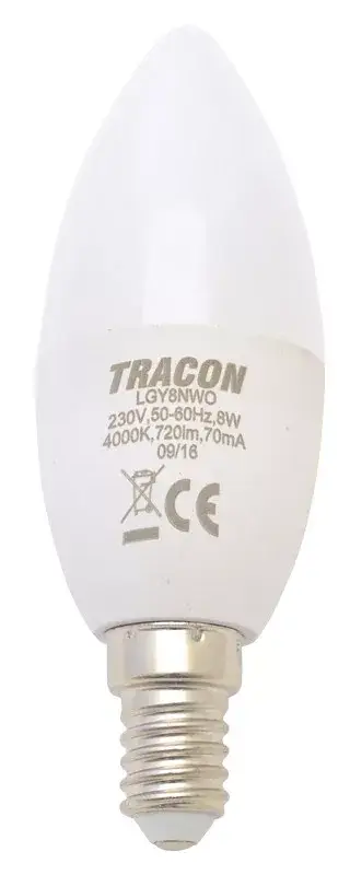 Azonnal elérhető Tracon, LGY8NW, LED-es fényforrás, ( gyertya alakú )8W-os teljesítményű, E14 foglalattal, 4000K-es színhőmérsékletü, SMD LED ( 570 lm ) Tracon ( LGY8NW )