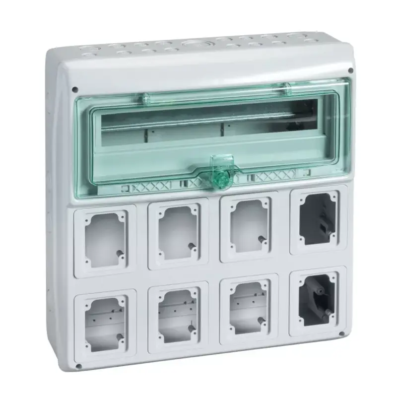 Schneider 13182 Kaedra vízálló kiselosztók 19 modul, 1 sor, 8 db 90x100 mm-es níylással, átlátszó zöld ajtóval, IP65, falon kívüli Azonnal elérhető