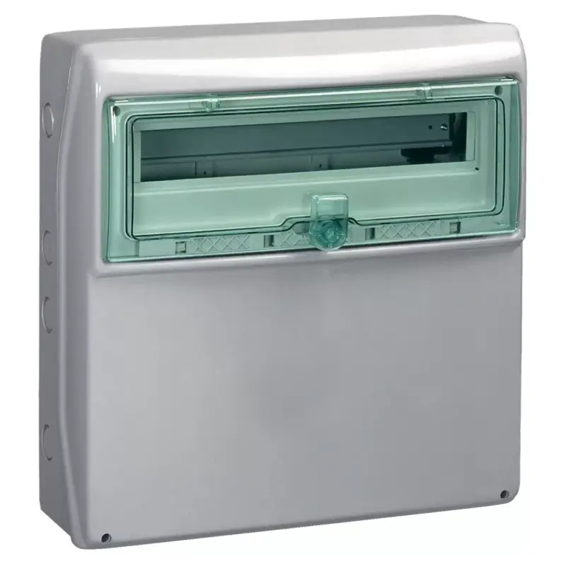 Olcsó Schneider 13193 Kaedra vízálló kiselosztók 19 modul, 1 sor, átlátszó zöld ajtóval, sima kifúrandó felülettel, IP65, falon kívüli