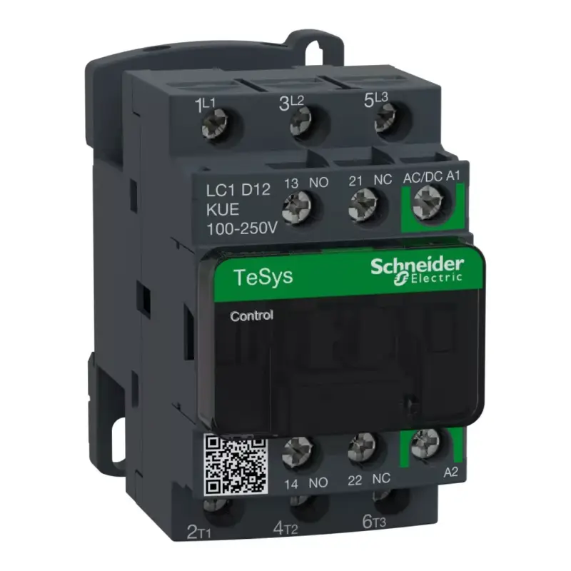 Vásárlói kedvenc Schneider LC1D12KUE, Tesys D Green mágneskapcsoló, 5.5kW/12A (400V, AC3), 120..250V AC/DC vezerlés, 1Z+1Ny, csavaros csatlakozás