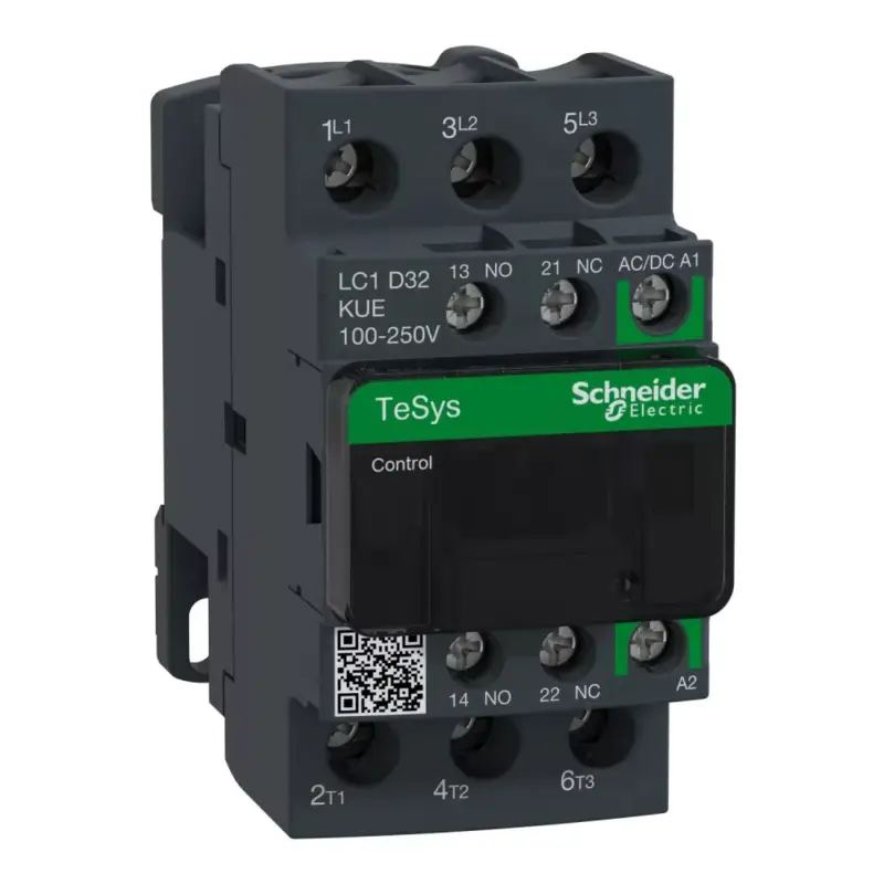Schneider LC1D32KUE, Tesys D Green mágneskapcsoló, 15kW/32A (400V, AC3), 120..250V AC/DC vezerlés, 1Z+1Ny, csavaros csatlakozás Csak ma