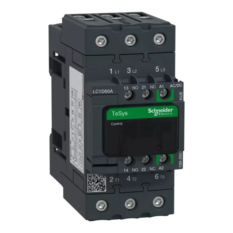 Exkluzív ajánlat Schneider LC1D50AKUE, Tesys D Green mágneskapcsoló, 22kW/50A (400V, AC3), 120..250V AC/DC vezerlés, 1Z+1Ny, csavaros csatlakozás