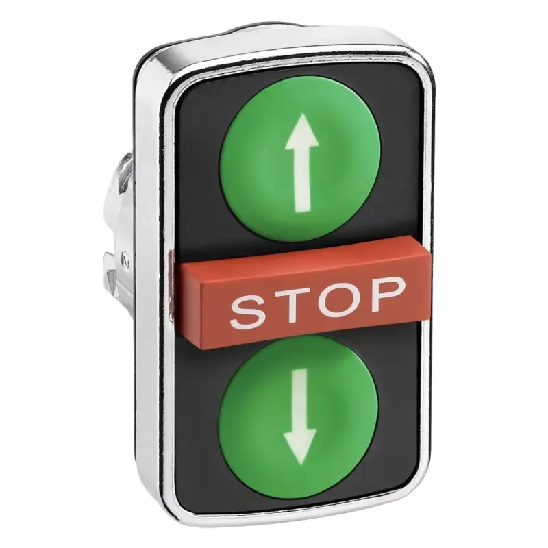 Árcsökkenés Schneider ZB4BA73134 Harmony fém kettősfejű nyomógomb fej, Ø22, visszatérő, 1-1 zöld fel/le nyíl nyomógomb, piros kiemelkedő STOP gomb