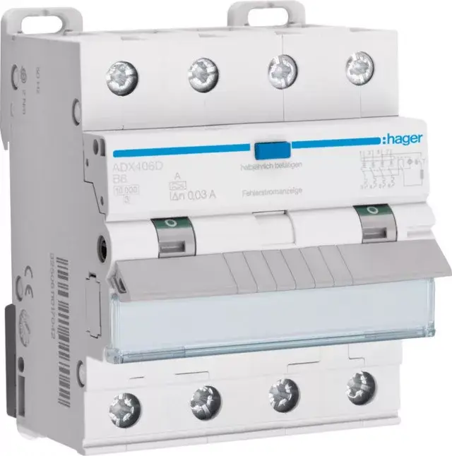 Akciós ár Hager ADX406D Áramvédős kismegszakító 3P+N, B-6A, 30mA, 10kA, A
