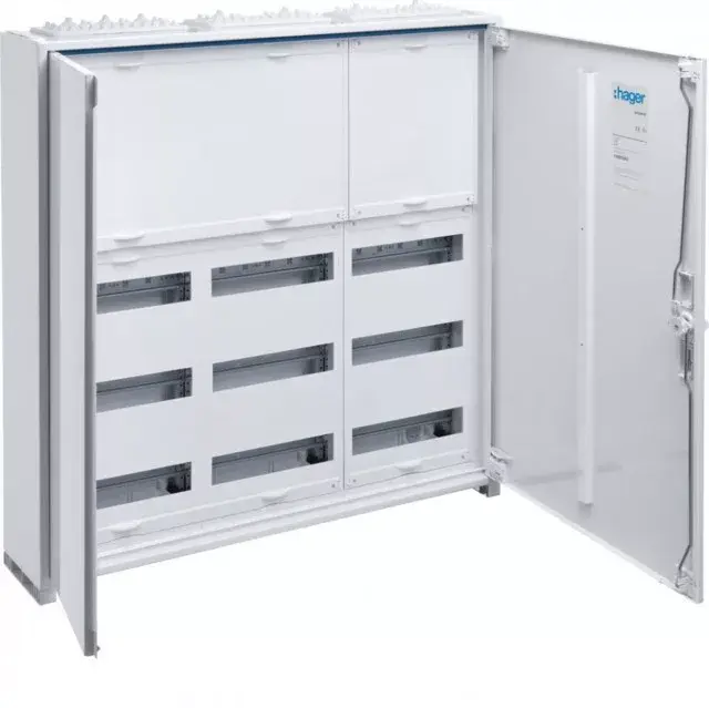 Hager Univers FWB53N Fém mezős elosztó 300 mm-es felső sorkapocstakarással, 108 modul, 3 sor, 800x800x161mm, teli ajtóval, IP44, falon kívüli Legnépszerűbb
