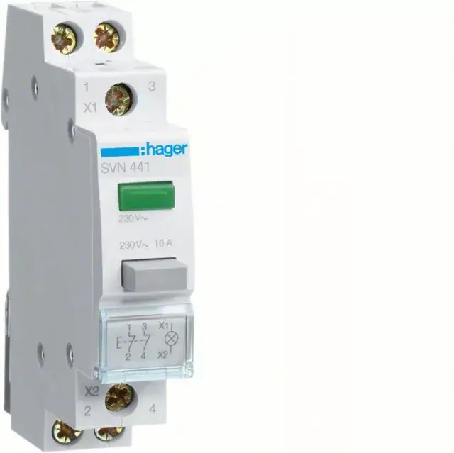 Olcsó Hager SVN441 Nyomógomb, 2NY, 16A, 230V AC, zöld LED-del, moduláris, 1M