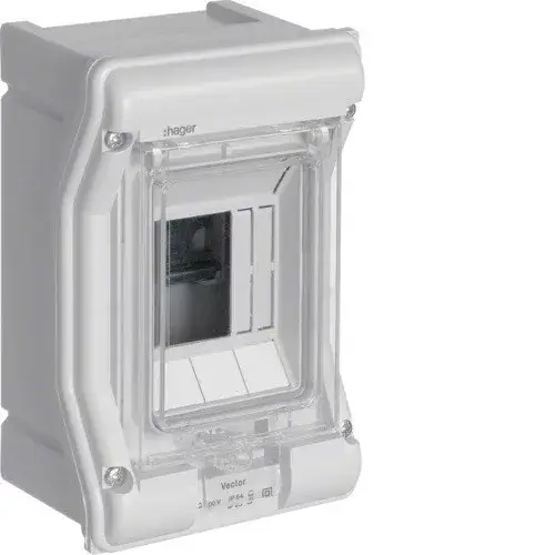 Hager Vector VE103L védett elosztó 3 modul, 1 sor átlátszó ajtóval, IP65, PE és N sínnel, falon kívüli, kikönnyített kábelbevezetővel, 175x110x93mm Szezonális akció