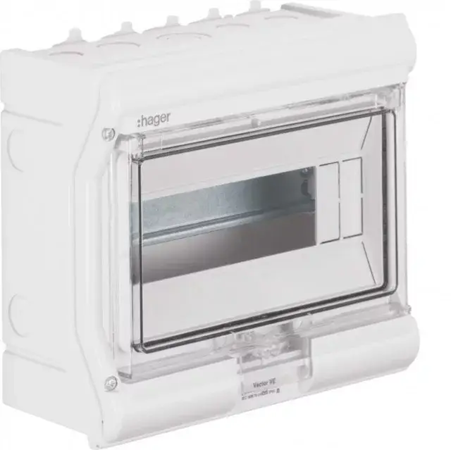 Újdonság Hager Vector VE110PN UV-álló védett elosztó 10 modul, 1 sor átlátszó ajtóval, IP65, PE és N sín nélkül, falon kívüli, kikönnyített kábelbevezetővel, 210x236x114mm