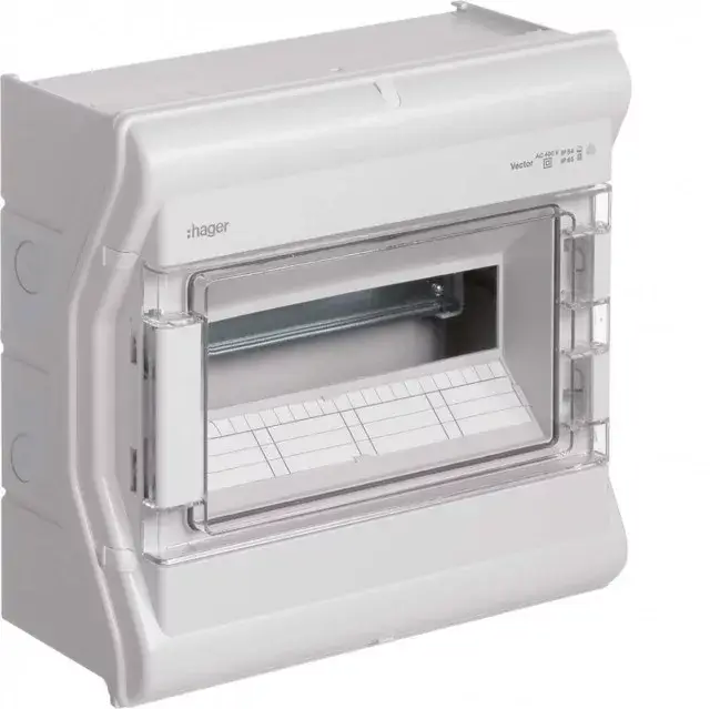 Hager Vector VE112PN UV-álló védett elosztó 12 modul, 1 sor átlátszó ajtóval, IP65, PE és N sín nélkül, falon kívüli, kikönnyített kábelbevezetővel, 302x310x151mm Árcsökkenés