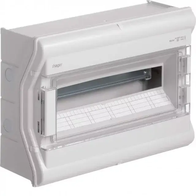 Rendeld meg most Hager Vector VE118PN UV-álló védett elosztó 18 modul, 1 sor átlátszó ajtóval, IP65, PE és N sín nélkül, falon kívüli, kikönnyített kábelbevezetővel, 302x418x151mm