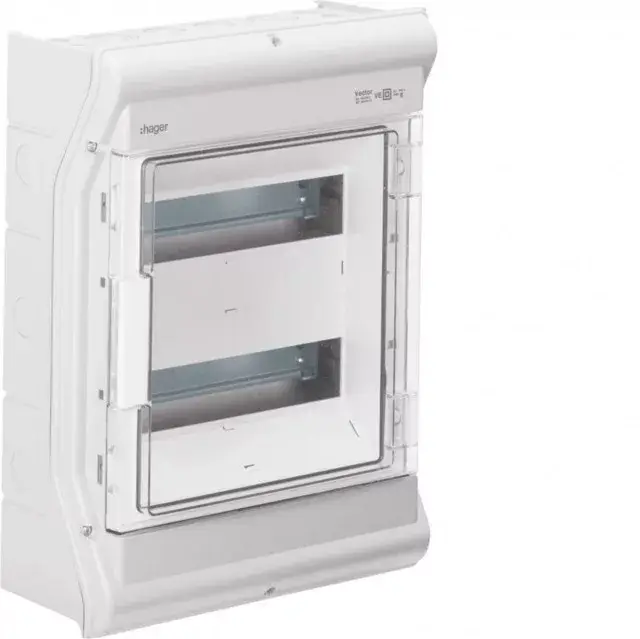 Hager Vector VE212PN UV-álló védett elosztó 24 modul, 2 sor átlátszó ajtóval, IP65, PE és N sín nélkül, falon kívüli, kikönnyített kábelbevezetővel, 427x310x151mm Gyors szállítás