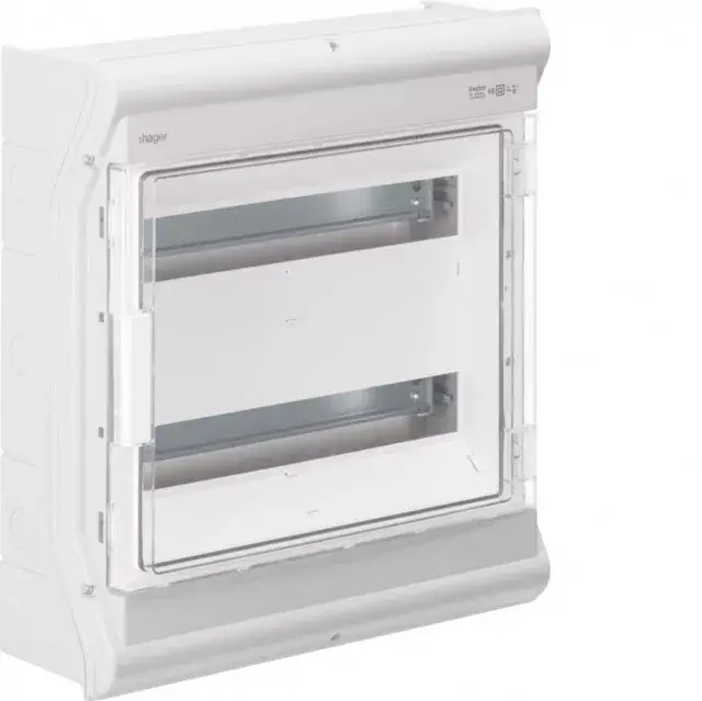 Korlátozott ajánlat Hager Vector VE218SN UV-álló védett elosztó 36 modul, 2 sor átlátszó ajtóval, IP65, PE és N sín nélkül, falon kívüli, kikönnyített kábelbevezető nélkül, 452x418x151mm