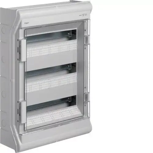 Hager Vector VE318L védett elosztó 54 modul, 3 sor átlátszó ajtóval, IP65, PE és N sínnel, falon kívüli, kikönnyített kábelbevezetővel, 602x418x151mm Alacsony ár