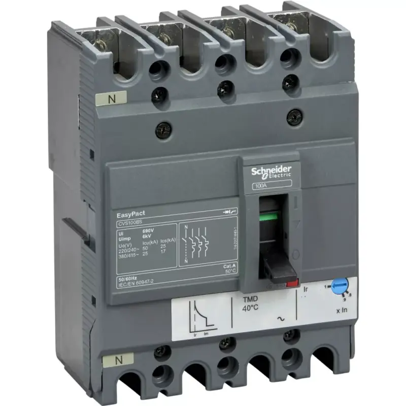 Schneider LV510955 EasyPact CVS100BS 4P 25kA komplett megszakító TM50D 4P3D kioldóval Legnépszerűbb