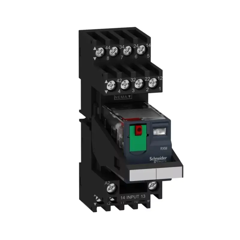 Expressz kézbesítés Schneider RXM2AB2B7PVM Zelio RXM miniatűr relé foglalattal, 2CO, 12A, 24VAC, tesztgomb, LED, vegyes érintkezőkiosztás