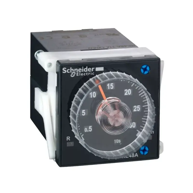 Schneider RE48ATM12MW Zelio Time 48x48mm panelre szerelhető bekapcsolás késleltető időrelé, 2 CO, 5A, 24-240VAC/DC 8 tűs Különleges ajánlat