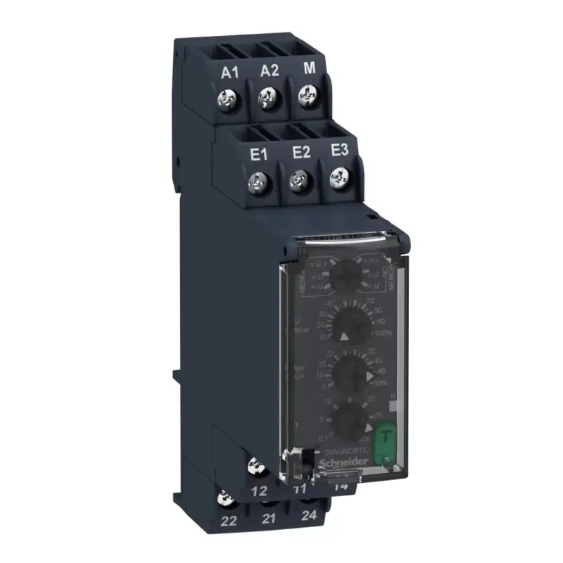 Vásárlói kedvenc Schneider RM22UA31MR Zelio Control feszültségfigyelő relé, kikapcsolás késleltetővel, 2CO, 8A, 24…240VAC/DC, mérési tart.:0,05…5V