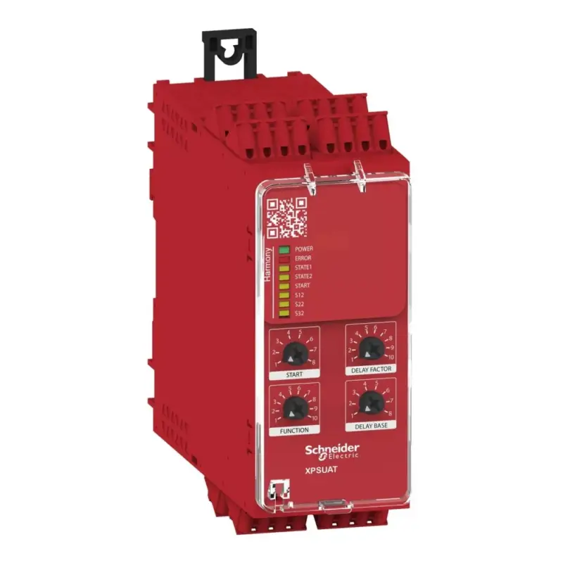 Schneider XPSUAT33A3AC Preventa biztonsági relé modul, XPSUAK+ 1 késleltetett kimenet, Cat.4, biztonsági be/ki: 2/3CO, PNP, 48-230VAC/DC, rugós Kedvezmény