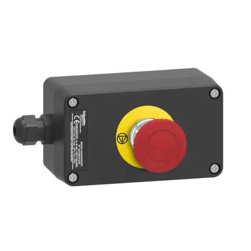 Schneider XAWG198EX Harmony XAWF ATEX D tokozott vészleállító, gombafejű 40mm, forgatásra oldó, műanyag, 1NC, piros Legkelendőbb