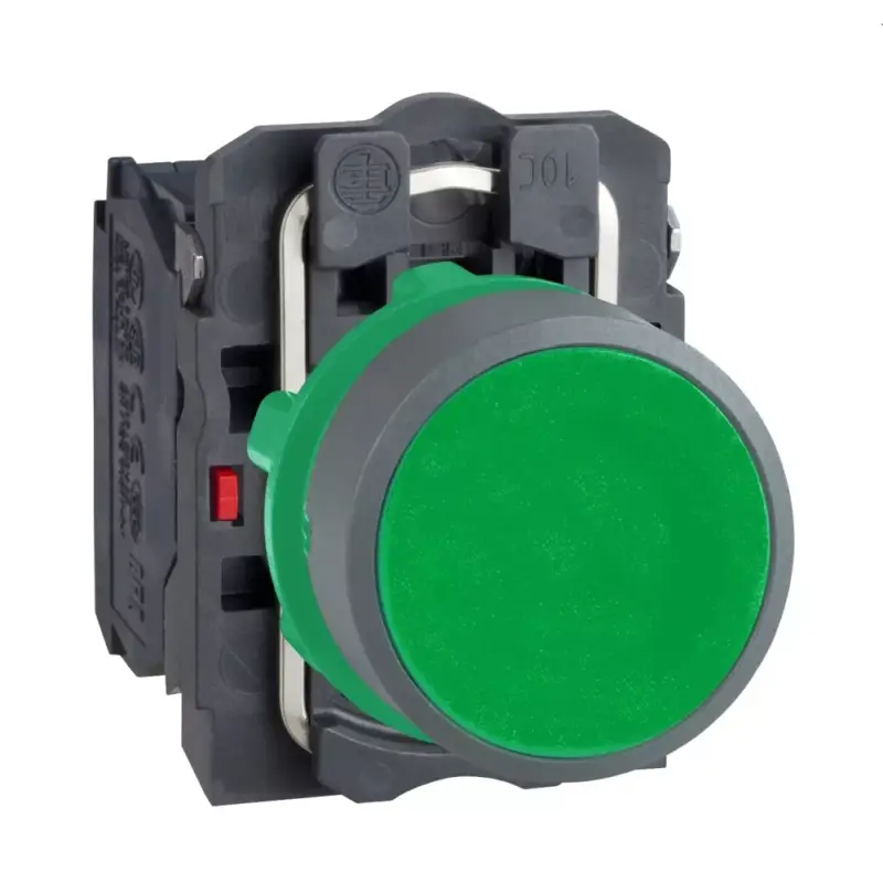 Outlet Schneider XB5AA35C0 Harmony komplett műanyag nyomógomb, Ø22, visszatérő, 1NO+1NC, zöld, szürke körgyűrű