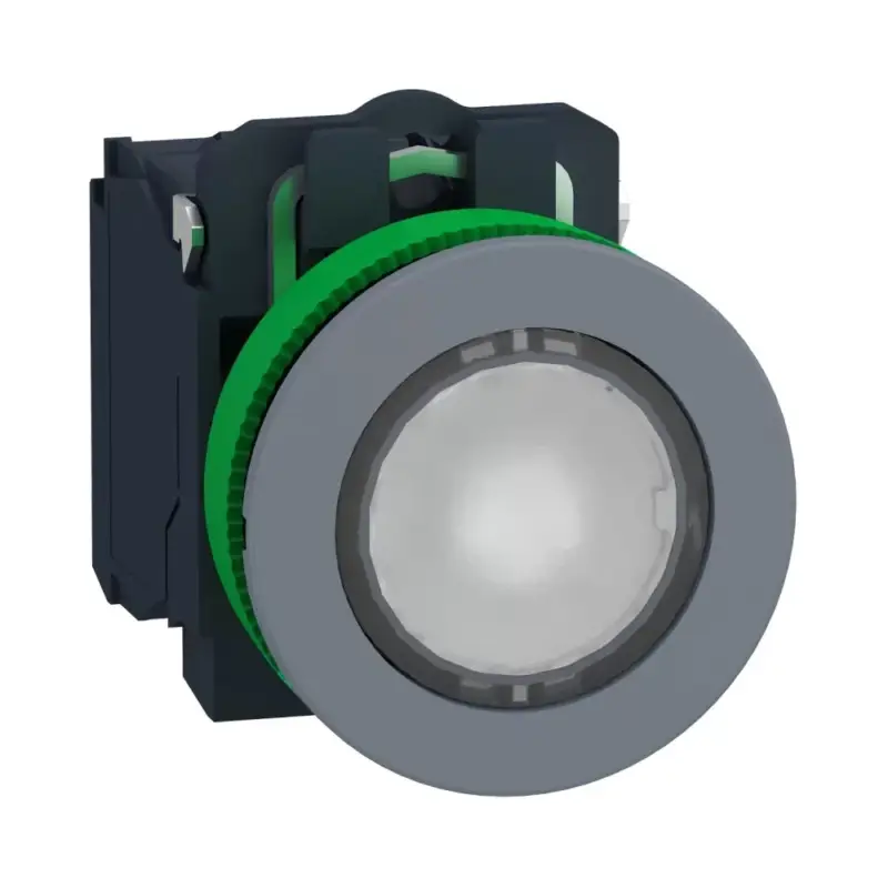 Legnépszerűbb Schneider XB5FW31M5C0 Harmony panelbe süllyesztett komplett műanyag LED világító nyomógomb, Ø30, 1NO, 230VAC, fehér, szürke körgyűrű