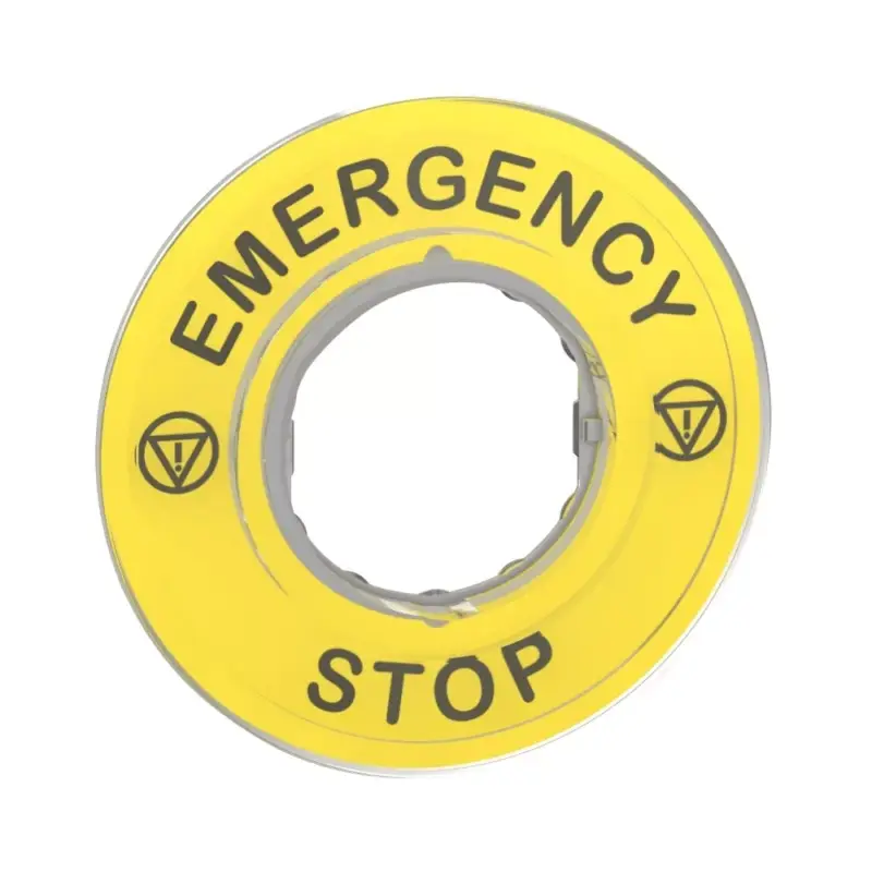 Schneider ZBY9320 Harmony sárga köralakú felirati tábla, Ø60, vészleállítóhoz, logóval, EMERGENCY STOP Azonnal elérhető