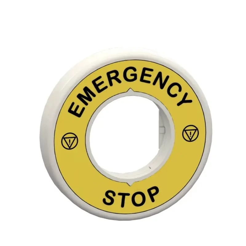 Csak ma Schneider ZBY9W2B330 Harmony világító felirati körgyűrű vészleállítóhoz, piros, 24VAC/DC, vészleállító logóval, "EMERGENCY STOP"
