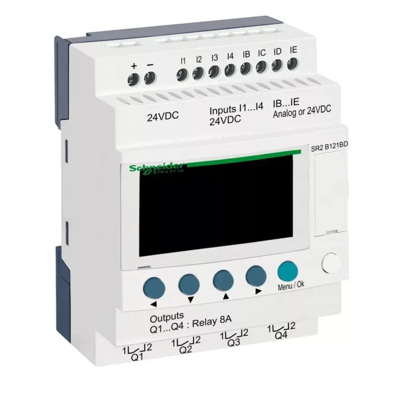 Schneider SR2B121BD LCD kijelzős, 12 I/O, 4 analóg bemenet, relés, óra, 24VDC Biztonságos vásárlás