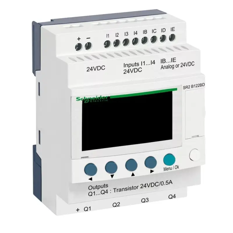 Schneider SR2B122BD LCD kijelzős, 12 I/O, 4 analóg bemenet, tranzisztoros, óra, 24VDC Ajánlat