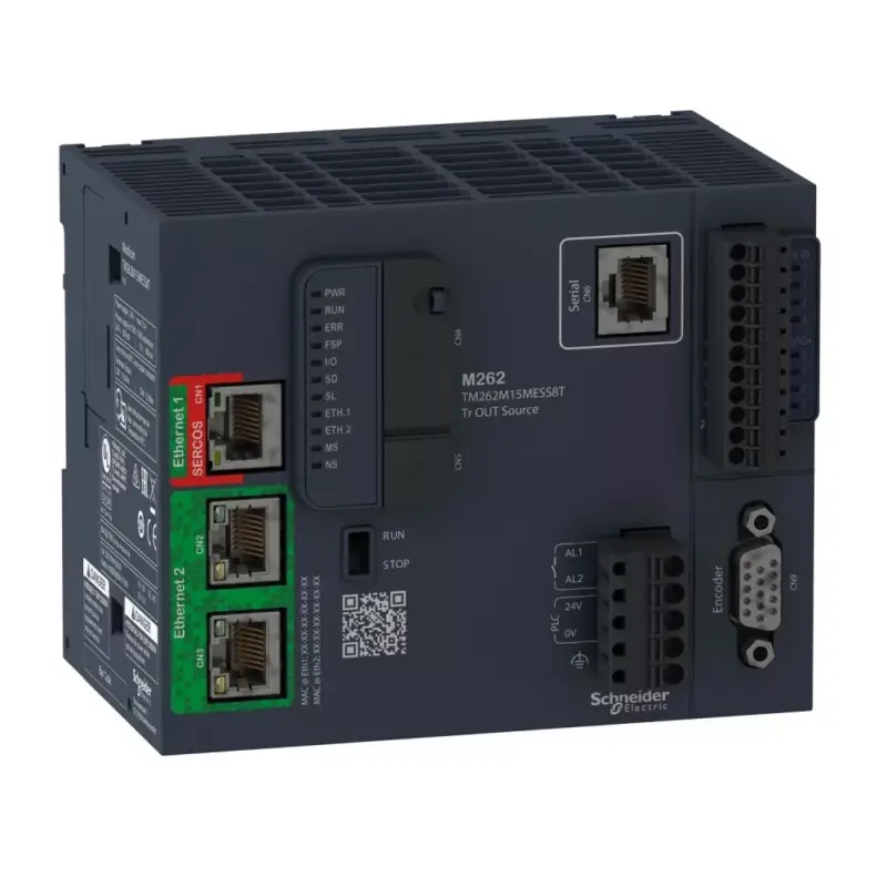 Kiárusítás Schneider TM262M15MESS8T Modicon M262 mozgásvezérlő, 4DI-4DO, 1xincr/SSI enkóder bemenet, 4 tengely, 5ns/instrukció, 1xSercos, 2xEth/IP, 1xSerial