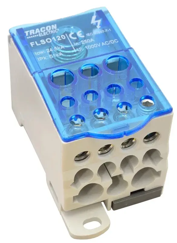 Szuper ajánlat Tracon FLSO120 Fővezetéki leágazó sorkapocs nyitható fedéllel 1×120(95)mm2/5×25(16),4×16(10),2×35(25)mm2, 1000VAC/DC, 250A