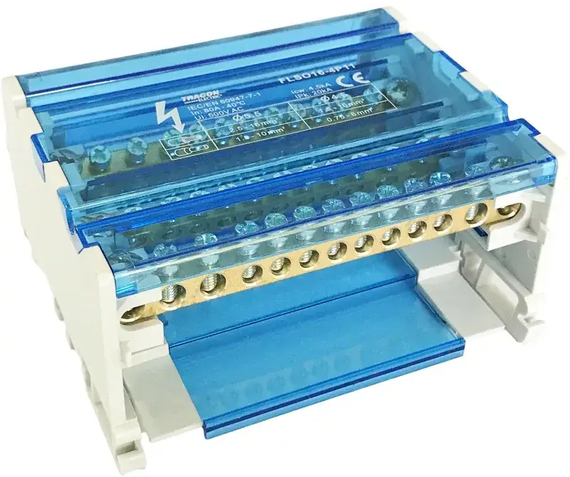 Tracon FLSO16-4P11 Moduláris elosztóblokk nyitható fedéllel 3×16(10) mm2 / 8×10(6) mm2, 500VAC/DC, 80A Rendeld meg most