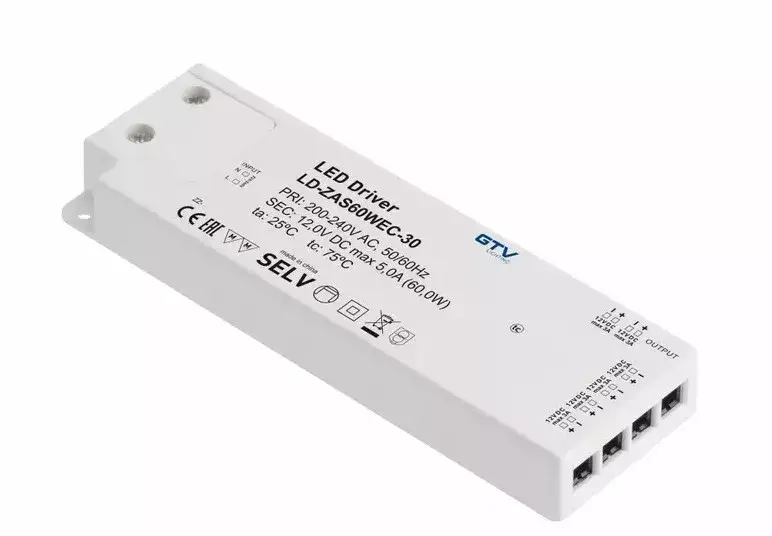 Tápegység LED 12V, 60W, IP20, 6 mini AMP csatlakozóval, 1,5fm kábellel, villásdugóval Gyors szállítás