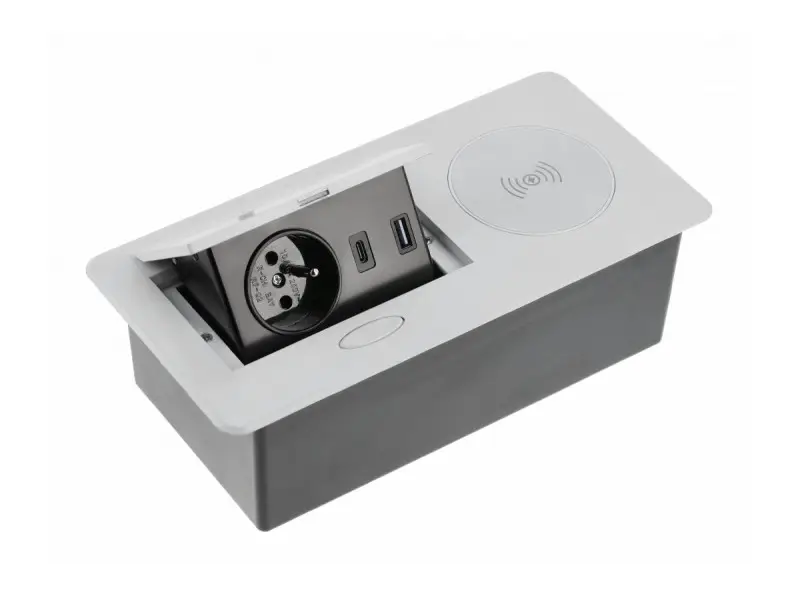 Különleges ajánlat Elosztó AVARO PLUS, 1x 230V sch, USB A+C, indukciós töltő, 1,5m kábellel, ezüst