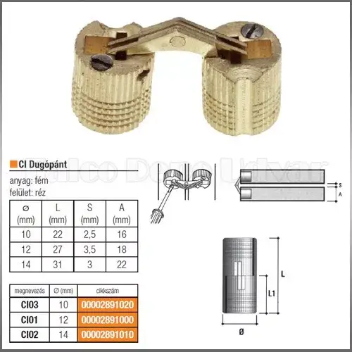 Kedvezményes ár Bútorpánt dugópánt CI02 Átm.: 14x31mm Sárga réz