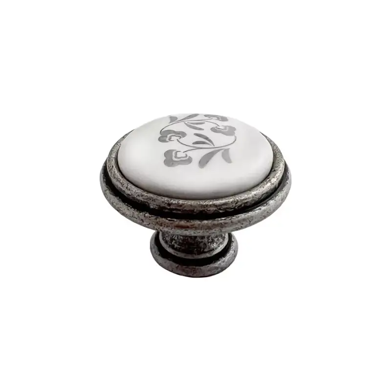 Bútorfogantyú Margarita gomb 35mm Antik Ezüst/Porcelán Fehér Virág Alacsony ár