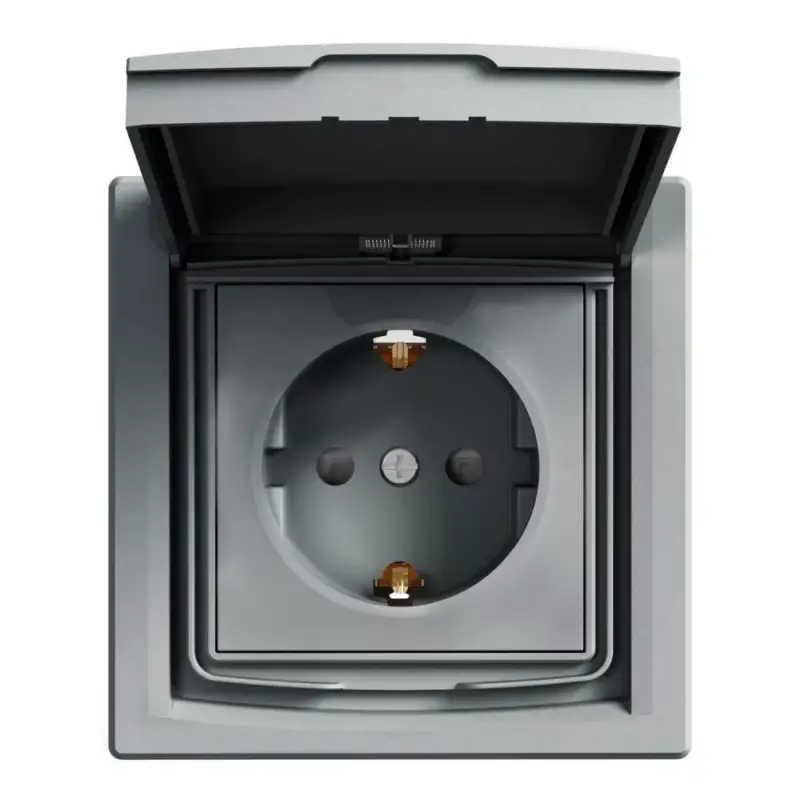 Schneider ASFORA 2P+F csatlakozóaljzat, gyermekvédelemmel, csapfedeles - IP44, kerettel, acél EPH3100362 Szuper ajánlat