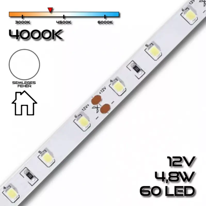 Gyors kiszállítás LEDSZALAG 2835WN 60led/m IP20 4000K 300lm 4,8W/m természetes fehér 70120