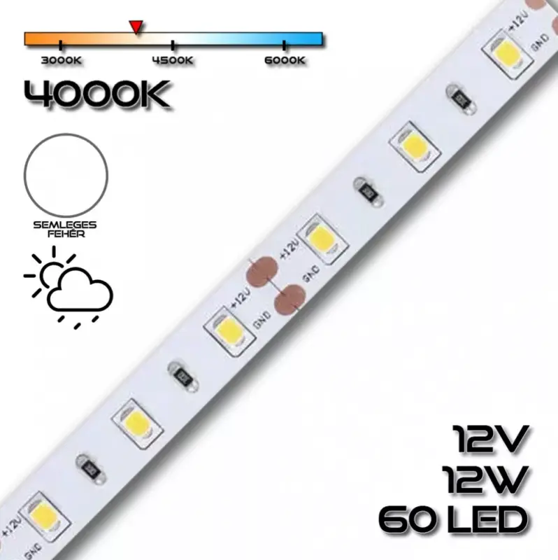 Árengedmény LEDSZALAG 2835WN 60led/m IP65 4000K 1260lm 12W/m természetes fehér 70622 szilikon