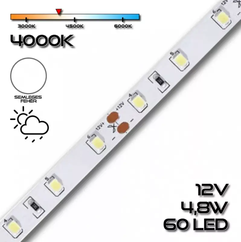 Utolsó esély LEDSZALAG 2835WN 60led/m IP65 4000K 300lm 4,8W/m természetes fehér 70122 szilikon