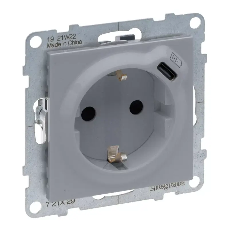 Gyors kiszállítás Legrand Suno 2P+F + USB-C csatlakozóaljzat (rugós), biztonsági zsaluval, alumínium, Legrand 721329
