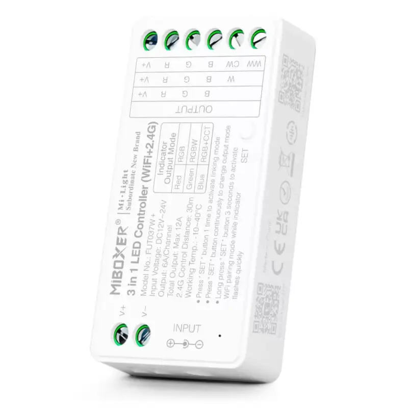 MiLight 3 az 1-ben WI-FI RGB/RGBW/RGB+CCT LED zóna vezérlő FUT037W+ DC12-24V - 12A Gyors szállítás