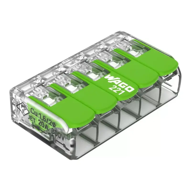 WAGO 221-425 GREEN vezeték összekötő sodrott 5-ös, átlátszó 0,2- 4mm2, 32A (újrahasznosított anyagból készült) Legnépszerűbb