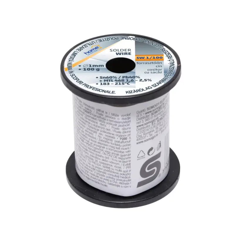Akció Home SW 1/100 forrasztóón, 1mm, 100g, európai gyártótól származó kiváló minőségű forrasztóón, összetétel: SN/PB: 60/40%, gyanta: 2,0%, SW_1_100