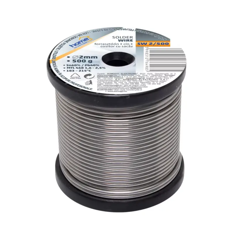 Home SW 2/500 forrasztóón, 2mm, 500g, európai gyártótól származó kiváló minőségű forrasztóón, összetétel: SN/PB: 60/40%, gyanta: 2,0%, SW_2_500 Különleges ajánlat