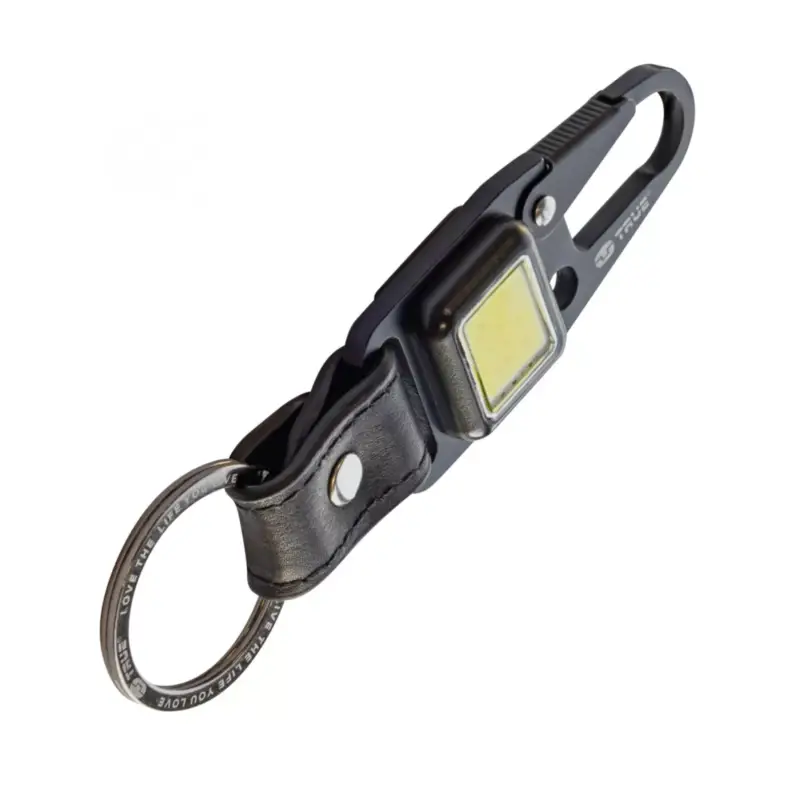 Korlátozott ajánlat True Utility Cliplite, TU918, kulcstartó karabiner, tölthető lámpa, 4 funkció, 47 lm COB LED, Li-ion, marhabőr szíj, rozsdamentes acélváz, TU918