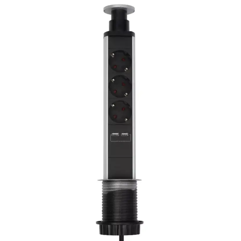 Outlet Home NVE 3/USB süllyesztett elosztó USB töltőaljzatokkal, 1,4 m, 3 földelt aljzat gyermekvédelemmel, asztalba, munkalapba építhető, süllyeszthető, max. 3680 W, NVE_3_USB