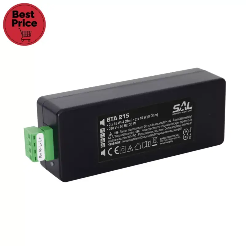 SAL BTA 215 vezeték nélküli BT erősítő, 2x15 W / 4 Ohm, 2x10 W / 8 Ohm, 20 Hz - 20.000 Hz, BTA_215 Biztonságos fizetés